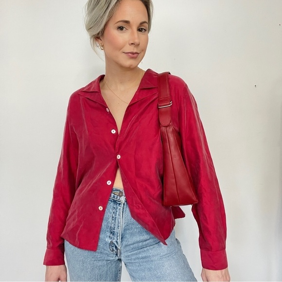 Vintage Tops - 100% Silk Buttery Deep Red Double Collar Vintage Blouse